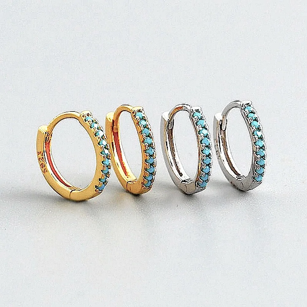 NEW Mens‎ Unisex Turquoise 925 Sterling Silver Hoop Earrings, 9mm